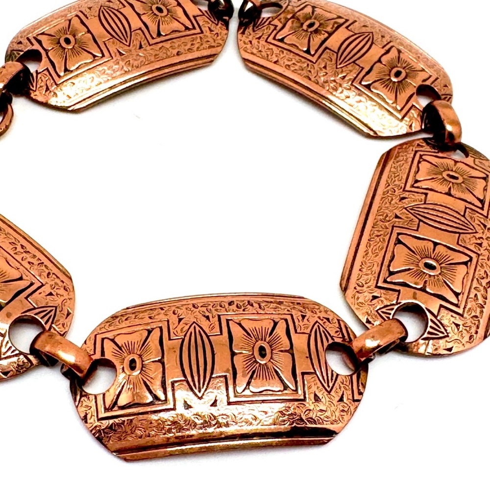 Vintage Copper Link Bracelet with Etched Floral Design - Picture 3 of 12